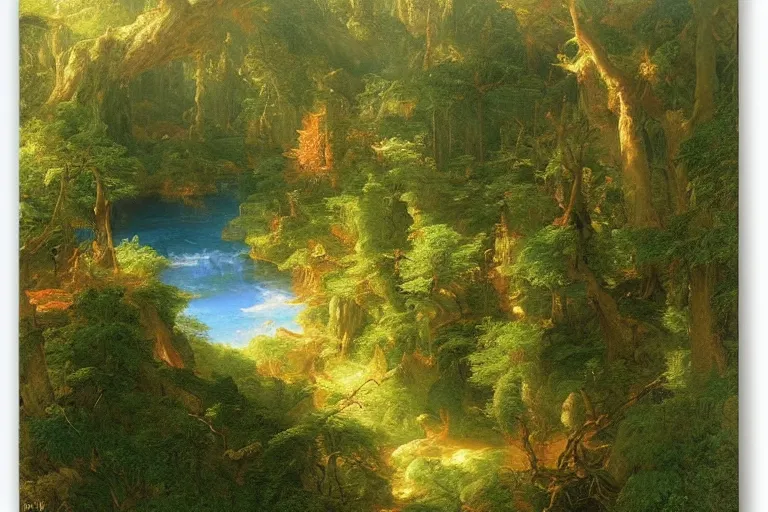 Image similar to top down view of lush pine forest, many witch houses, river flowing through the forest by thomas cole by justin gerard