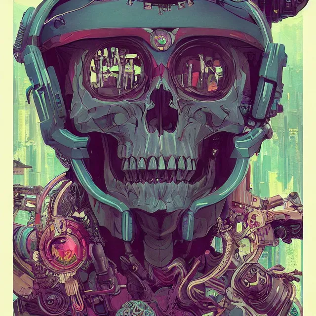 Prompt: a beautiful painting of a ( ( cyberpunk ) ) skull by simon stalenhag and pascal blanche and alphonse mucha! and nekro!. in style of digital art. colorful comic, film noirs!, symmetry, hyper detailed. octane render. trending on artstation