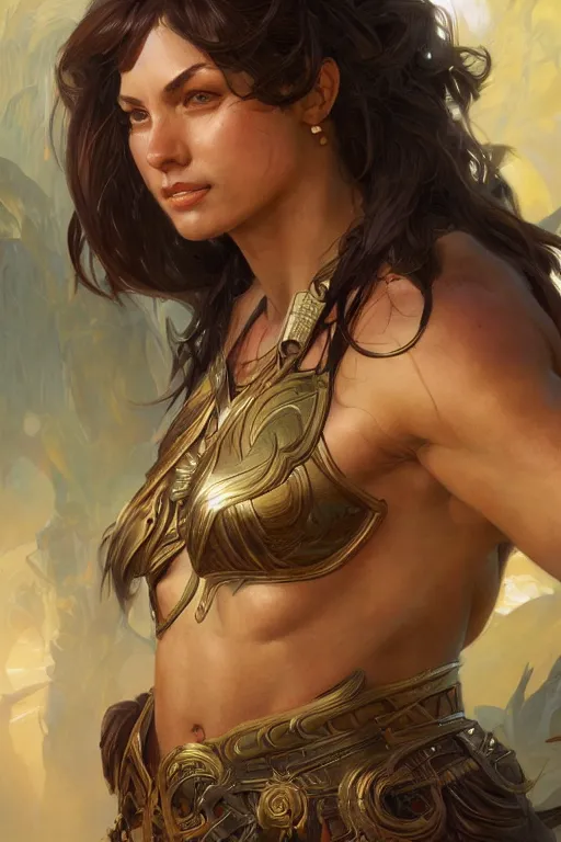 Image similar to portrait of an amazon, muscular, upper body, D&D, fantasy, intricate, cinematic lighting, highly detailed, digital painting, artstation, concept art, smooth, sharp focus, illustration, art by Artgerm and Greg Rutkowski and Alphonse Mucha