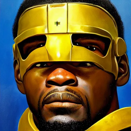 Image similar to ultra realistic portrait painting of kevin durant as master chief, art by frank frazetta, 4 k, ultra realistic, highly detailed, epic lighting