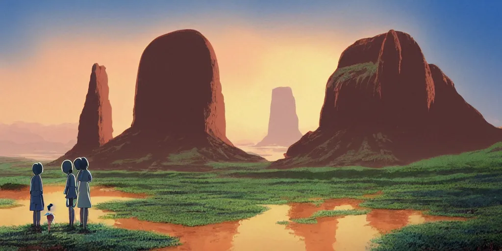 Image similar to a realistic cell - shaded studio ghibli concept art from paprika ( 2 0 0 6 ) of a hairless ape from close encounters of the third kind ( 1 9 7 7 ) in a flooded monument valley easter island. very dull colors, wide shot, hd, 4 k, hq