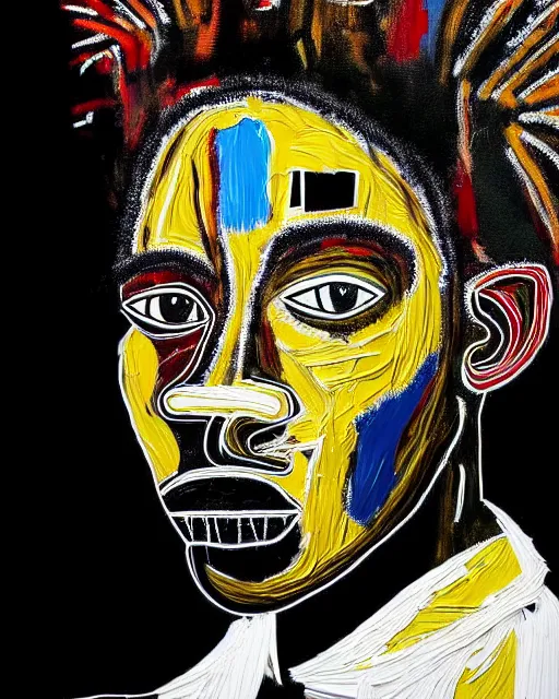 Image similar to A extremely ultra highly detailed majestic hi-res beautiful immaculate head and shoulders award winning painting stunning portrait masterpiece of the face of a strong black african man by Jean-Michel Basquiat, 8k, high textures, ultra hyper sharp, insanely detailed and intricate, super detailed, 8k HDR ultra high quality