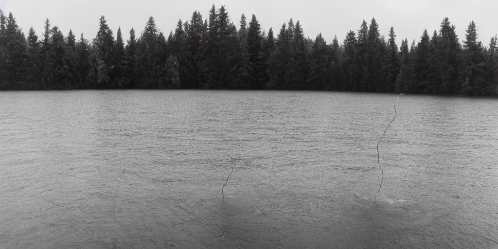 Prompt: symmetrical photograph of an infinitely long rope submerged on the surface of the water, the rope is snaking from the foreground towards the center of the lake, a dark lake on a cloudy day, trees in the background, moody, kodak colorf, anamorphic lens