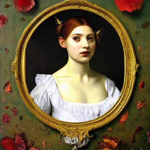 Prompt: a highly detailed, hyper realistic portrait with torso of a red haired young woman, white romantic dress with intricate details, among golden fireflies, long hair, green eyes, hint of freckles, round gentle face, cheeky smile, deep focus, elegant, smooth, sharp, golden ratio, digital painting, art by artemisia lomi gentileschi and caravaggio