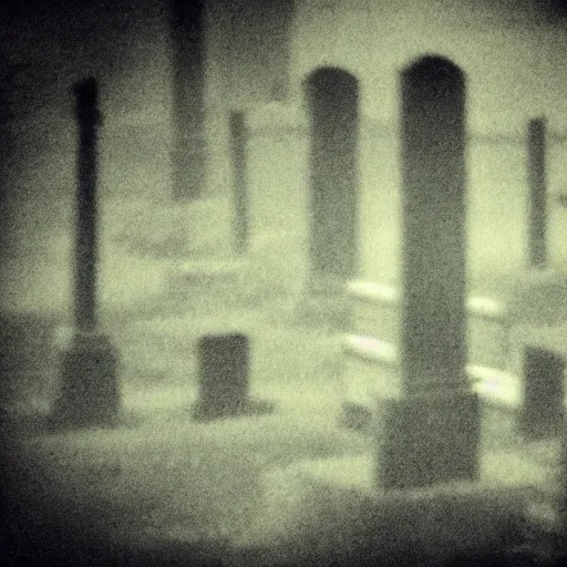 Image similar to insane nightmare, no light, everything is blurred, creepy shadows, cemetery, very poor quality of photography, 2 mpx quality, grainy picture