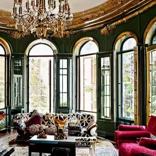 Image similar to a living room filled with furniture and lots of windows, featured on pexels, maximalist, hall of mirrors