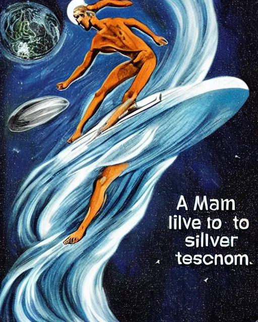 Image similar to a man made of silver surfing the cosmos