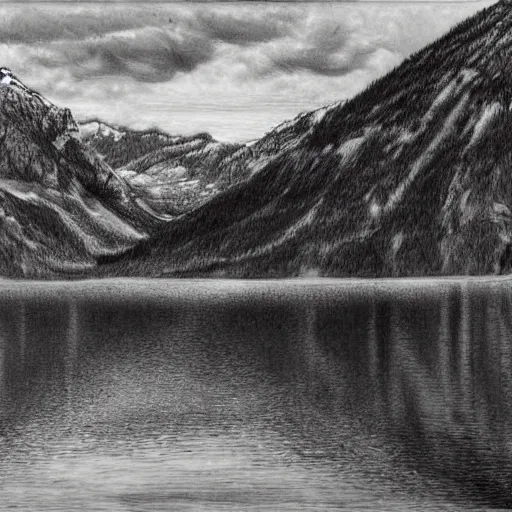 Image similar to lago di sorapis, hyper - realistic black and white drawing, hyper detailed, in the style of den yakovelv