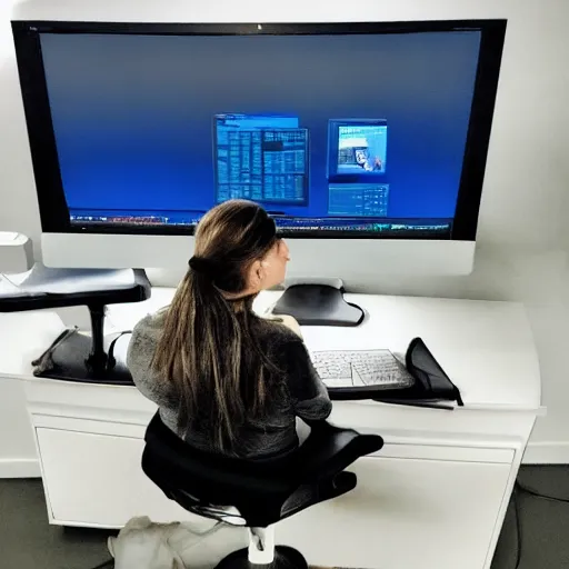 Prompt: a slav squatting on top of a computer monitor