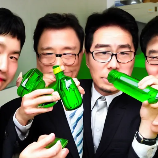 Image similar to korean business men drinking from green bottles by huskmitnavn