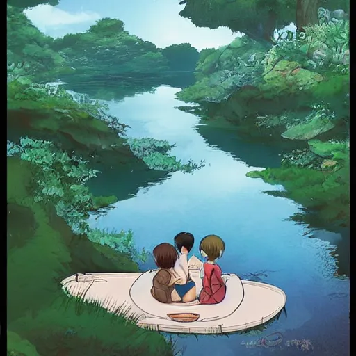 Image similar to a beautiful lake, fantasy art, 2 d, by studio ghibli