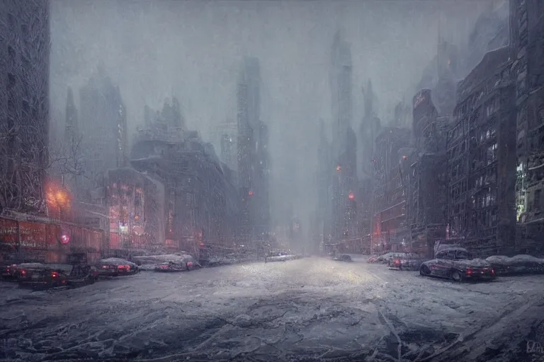 Image similar to New York city enveloped in ice, winter season, moody scene, highly detailed, intricate, sharp details, dystopian mood, 1950 scene by gaston bussiere, craig mullins, somber lighting, drawn by Giacomo Burattini, inspired by graphic novel cover art, hyperrealistic, 8k by RHADS