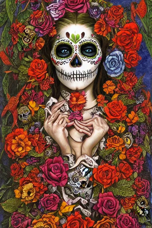 Image similar to Illustration of a sugar skull day of the dead girl, art by james c christensen