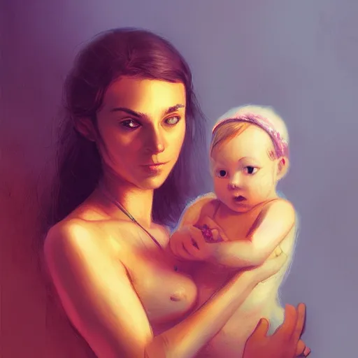 Prompt: a beautiful marc simonetti illustration still life of mikky ekko holding a baby, kinkade. trending on artstation hq 8k