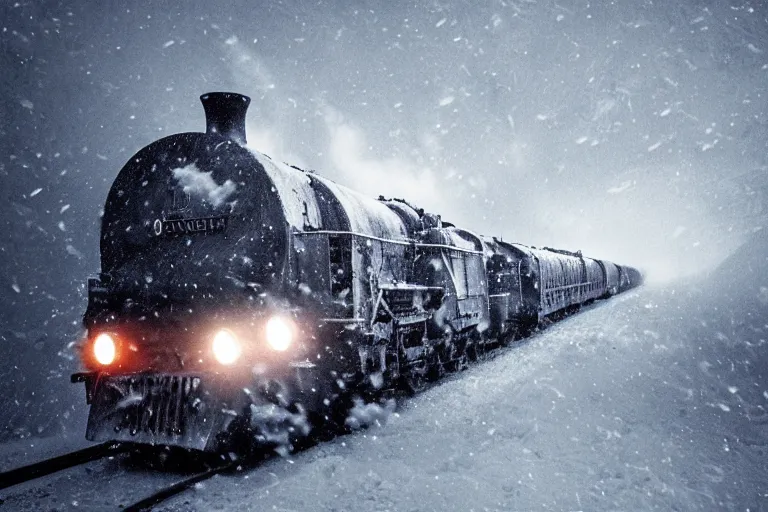 Prompt: an old locomotive rushing through snow storm in high speed, white steam on the side, dark smoke with fire! from the pipes, dynamic angled shot, speed lines, fire particles and snowflakes everywhere, 8 k, by jean - baptiste monge, 1 6 k, eerie moon eclipse cinematic scenery