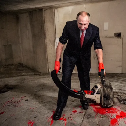 Image similar to putin with a chainsaw and a corpse. in a concrete bunker. focus on putins face with blood splatters. canon eos r 3, f / 1. 4, iso 1 6 0 0, 1 / 8 0 s, 8 k, raw, grainy