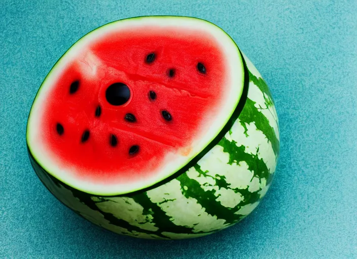 Image similar to photo still of a watermelon with human eyes and mouth, 8 k, studio lighting bright ambient lighting key light, 8 5 mm f 1. 8