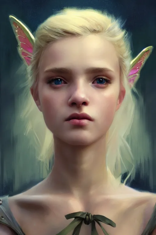 Image similar to cinematic shot of an epic portrait of a cute blonde fairy dressed in military clothes, stylised military clothes, shiny skin, beautiful eyes, beautiful, small details, night setting, realistic poster with volumetric light from jeremy lipkin and michael garmash, craig mallism, artgerm, unreal engine, radiant light, digital art, trends at art station, a masterpiece