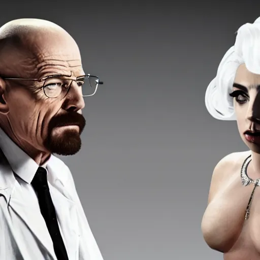 Prompt: Walter White vs lady gaga, realistic, 8k resolution, hyperdetailed, highly detailed, real life, studio lighting, high quality, dramatic shot,