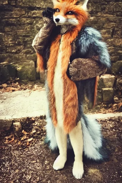Prompt: anthropomorphic medieval fox with a fluffy tail, fursuit, cosplay, warm light, trending on instagram, photography