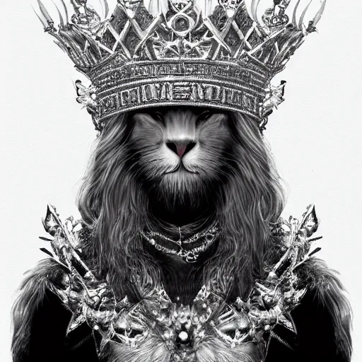 Image similar to portrait of a white panter king with crystal crown and a very long fur, fantasy, trending on artstation, heroic pose, illustration, highly detailed, simple, 8k