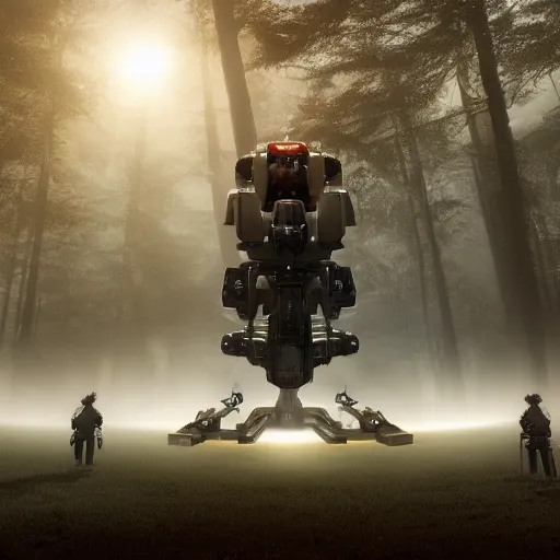 Image similar to A panoramic photograph of a giant robot working on a workstation in an uniform printing photos on a giant printer, around him 5 people are standing in a misty forest grove, large landscape, stars overhead, by Greg Rutkowski, 4k photorealistic, volumetric lighting, HD, high details, dramatic, trending on artstation