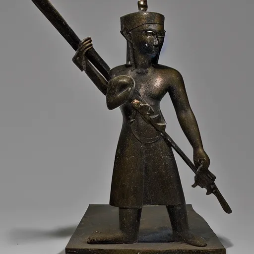 Prompt: full ancient statue of egyptian soldier holding spear