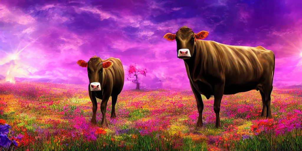 Prompt: fantasy artwork of a cow in a field of glowing flowers