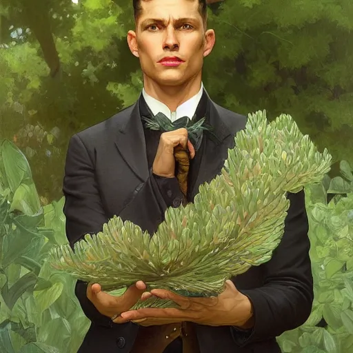 Image similar to portrait of a black leyendecker man with green trees in the background, devious, intricate, elegant, highly detailed, digital painting, artstation, concept art, smooth, sharp focus, illustration, art by artgerm and greg rutkowski and alphonse mucha and william - adolphe bouguereau