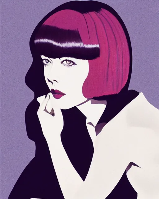 Prompt: colleen moore 2 8 years old, bob haircut, portrait painted by stanley artgerm, casting long shadows, resting head on hands, by patrick nagel and ross tran