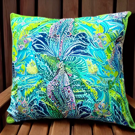 Prompt: a unique and amazing pillow, product shot, intricate, fine detail, full maximalist print, bright colours