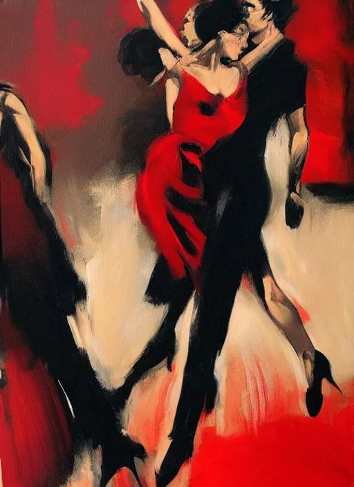 Prompt: tango dancerin in red and black dress, painting by phil hale, fransico goya,'action lines '!!!, graphic style, visible brushstrokes, motion blur, blurry, sensual, visible paint texture, crisp hd image