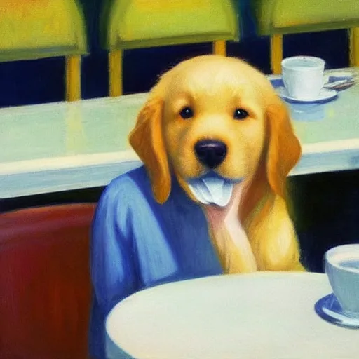 Prompt: Golden retriever puppy sitting at a diner drinking a cup of coffee, looking melancholy, edward hopper style