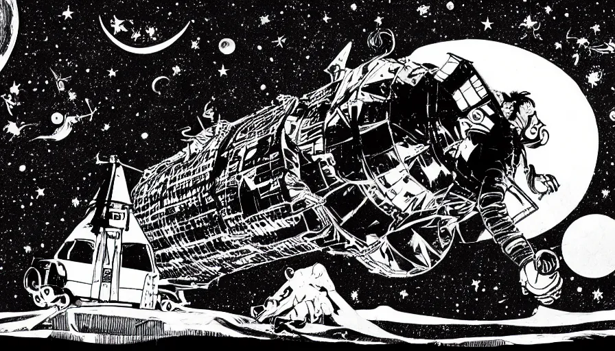 Image similar to travel to the moon in a dream, style of graphic novel, style of shuzo oshimi, black outline, on white, smooth, thin sharp lines, detailed