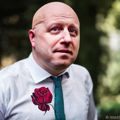 Prompt: A realistic photo of a bald Boris Johnson, bald, bald, rose tattoo, m.zuiko 75mm, f 1.8, 1/400, RAW, unedited, 8K, high quality,