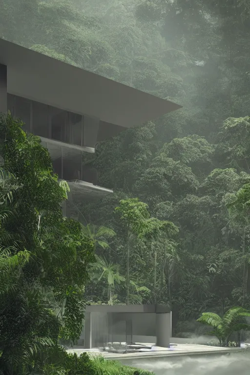 Prompt: architecture inspired by le corbusier in the rainforest. octane render. global illumination. mist. atmospheric.