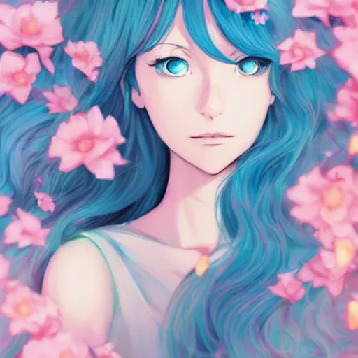 Prompt: very very very very beautiful portrait of a girl with blue flowing hair, portrait by loish, and Lois van Baarle, daily deviation, disney inspired, stunning masterpiece, anime style, ufotable, ghibli, makoto shinkai, pink flower