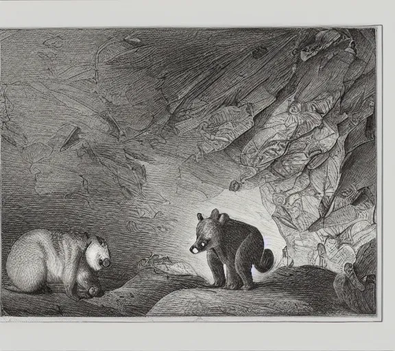 Image similar to viewer looking into dark cave and seeing a mother bear and her cubs sleeping, night time, artwork by Pieter Claesz, cross hatching, framed painting,