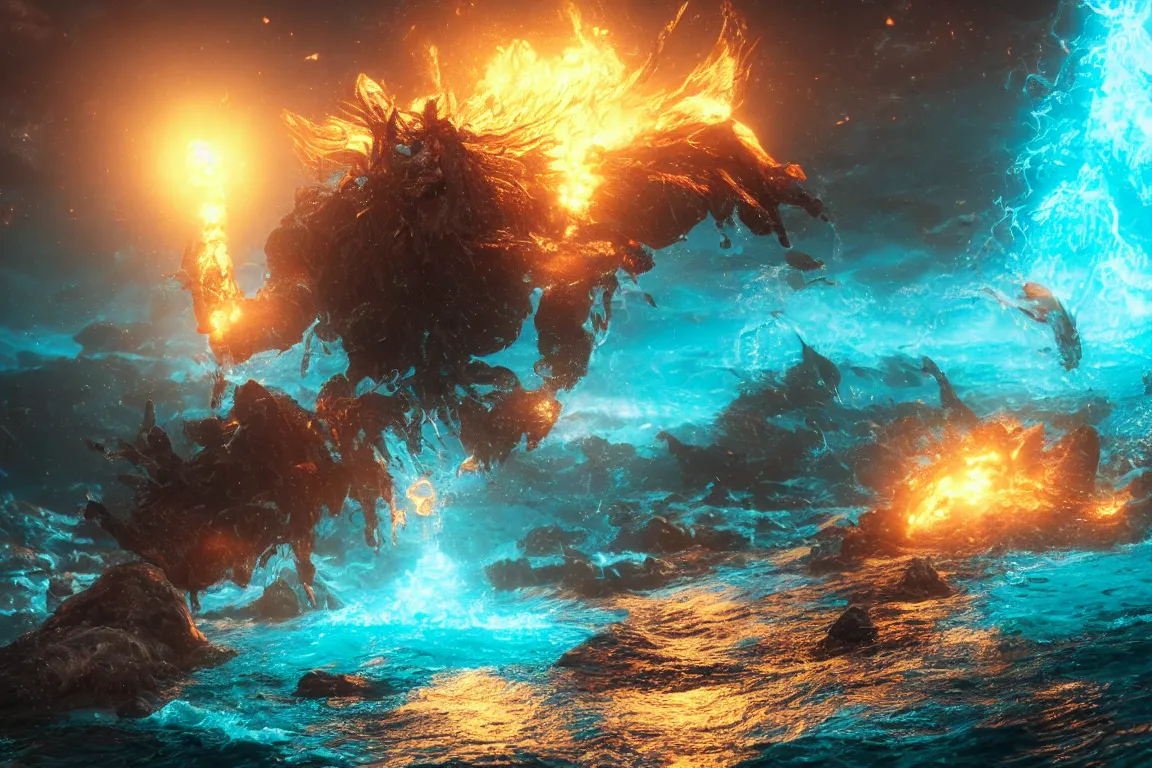 Prompt: colossal shaman gods destroying very living thing in the ocean, 8 k, ultra realistic, lens flare, atmosphere, glow, detailed, intricate, full of colour, cinematic lighting, trending on artstation, 4 k, hyperrealistic, focused, extreme details, unreal engine 5, cinematic, masterpiece