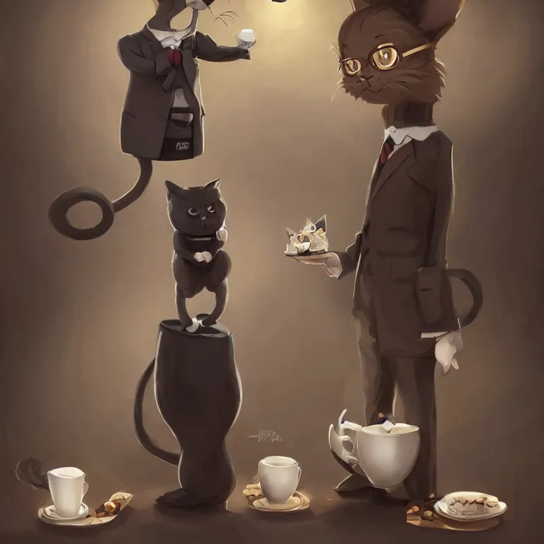 Image similar to cute little anthropomorphic cat barista wearing a black suit, tiny, small, miniature cat, baby animal, short, cute and adorable, pretty, beautiful, ghibli character art portrait, matte fantasy painting, deviantart artstation, by by jason felix by steve argyle by tyler jacobson by peter mohrbacher, cinematic lighting