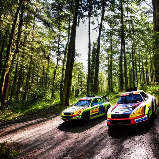 Image similar to 3 rally cars racing through a forest with a river behind them, sun shining through the trees, motion blur high detail ultra realistic 8k,-W 1024