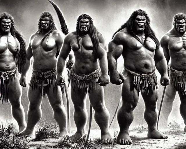 Image similar to hyper realistic group vintage photograph of a live action warcraft orc warrior tribe in the jungle, tall, hulk like physique, detailed faces, tribal paint, tribal armor, grain, old, monochrome, sepia toned, realistic lighting, wide angle