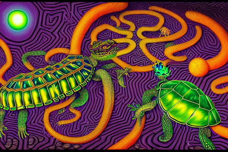 Prompt: a detailed digital art painting of a cell shaded cyberpunk ornate magick oni dragon with occult futuristic effigy of a beautiful field of mushrooms that is a adorable turtle atomic latent snakes in between ferret biomorphic molecular psychedelic hallucinations in the style of escher, alex grey, stephen gammell inspired by realism, symbolism, magical realism and dark fantasy, crisp