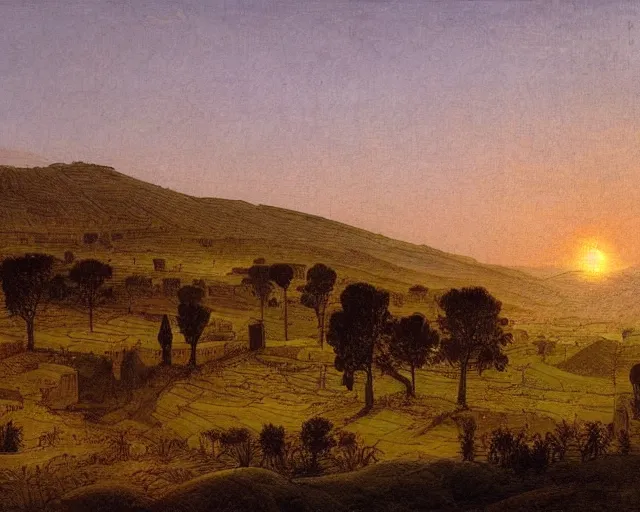 Image similar to spring, sunrise, view over a village in the countryside of Morocco, by Caspar David Friedrich