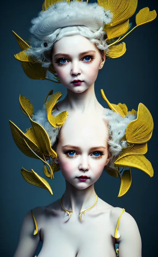 Image similar to intricate hyper detailed ultra sharp 3 d render of a beautiful porcelain doll portrait, medium shot portrait, bright light, alexandre ferra white mecha, cyberpunk mechanical haute couture flagella and fungi, magnolia goliath head ornaments, big embroidered leaves filigree sinuous roots, octane render, volumetric cinematic lighting, yellow, 8 k, vray tracing