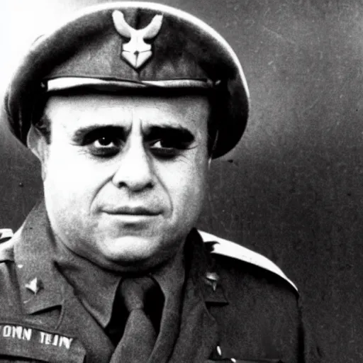 Prompt: Danny DeVito as an soldier during WW2, grainy monochrome photo