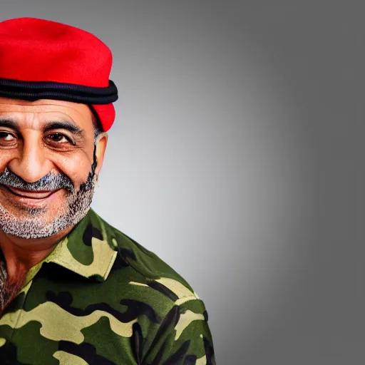 Image similar to professional portrait of a smiling middle aged arab man wearing military camouflage and a red beret, rainbow background, 8 k, intricate, detailed,