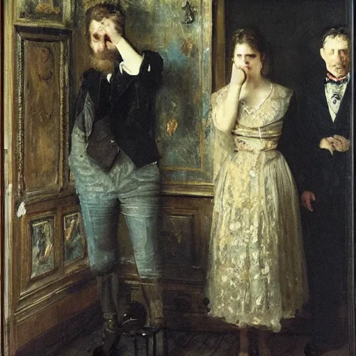 Image similar to a man and a woman solving an escape room puzzle alfred stevens