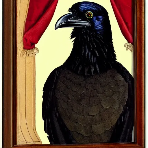 Image similar to a highly detailed painting of a raven dressed as an elegant tudor gentleman, in a room with thick red tapestries, by hans holbein