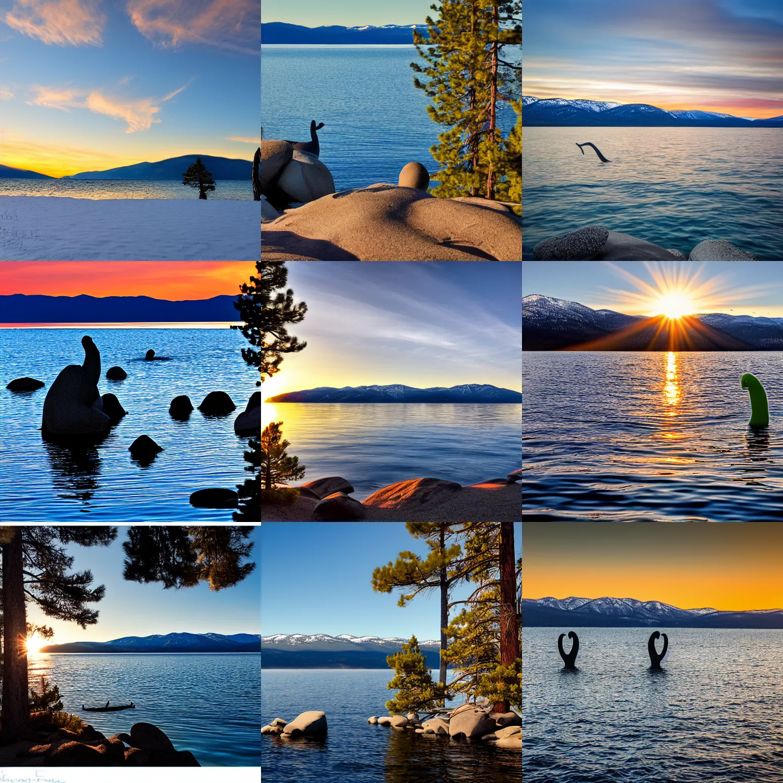 Image similar to nessie at lake tahoe from far off, crystal bay california, professional photography, sunset